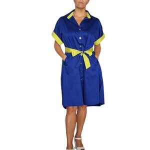 Women's Chic Blue Shirt Dress with Yellow Contrast Trim With Belt One Size